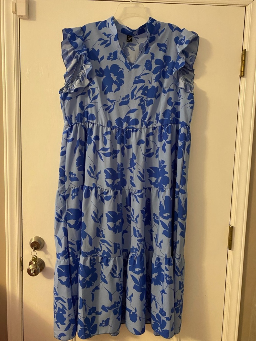 Blue Floral Tiered Midi Dress